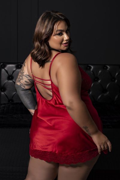 Camisola Cetim e Renda com Strappy Plus Size